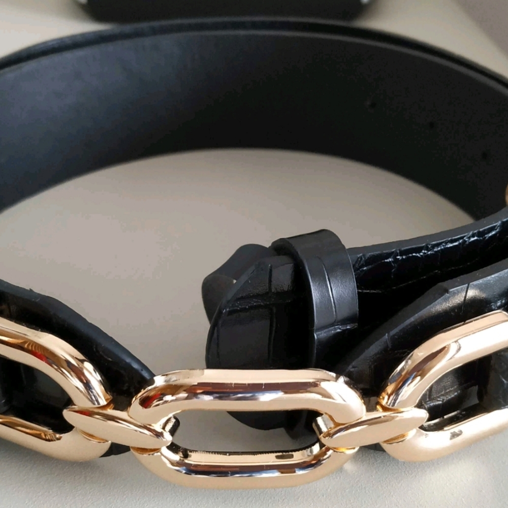 Womens Black Vegan leather elegant corset chunky Gold link boho wide waist belt - Picture 14 of 14